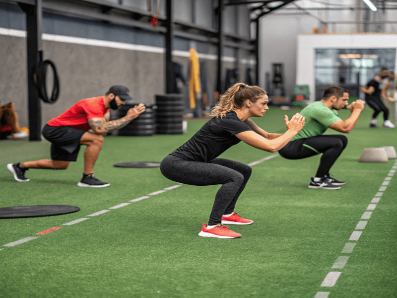 Allenamento funzionale su superficie erbosa della palestra