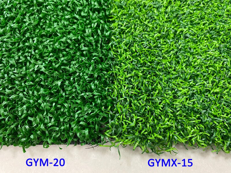 Close-up comparison of artificial grass gym flooring fibers