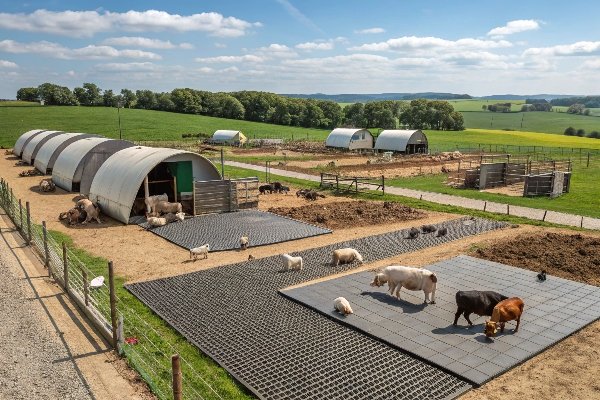 Adaptable rubber mats in multi-species farm setting