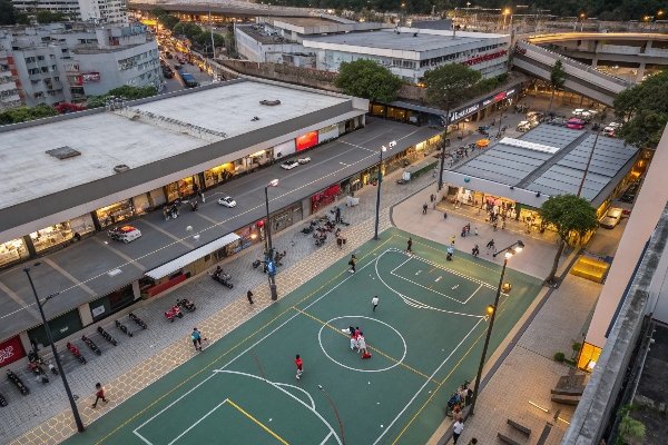aerial view of commercial area with futsal court