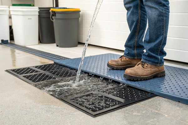 Drainage demonstration with water on stall mat