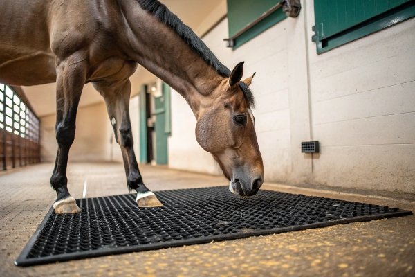 Horse pawing on rubber mat with minimal noise