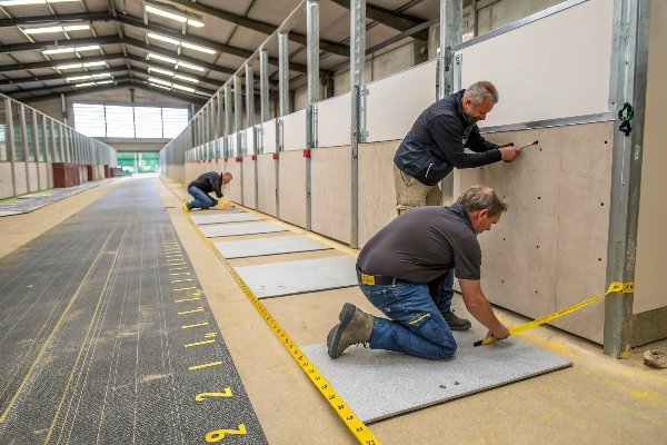 Horse stall with rubber mats in winter setting
