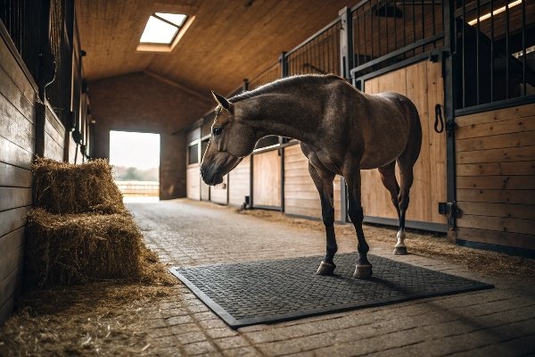 Horse standing comfortably on rubber mat