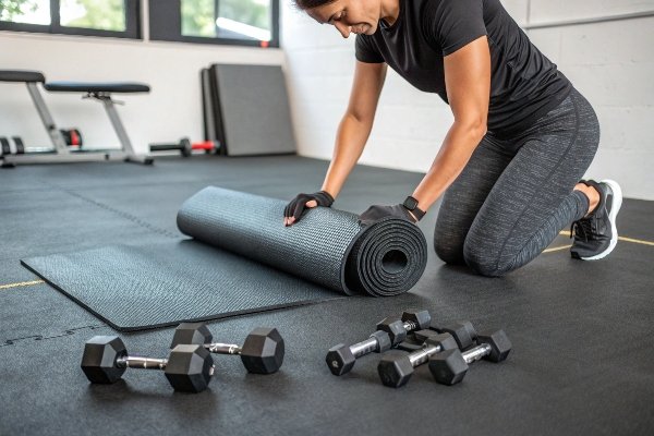 desenrollar una alfombrilla de goma con pesas