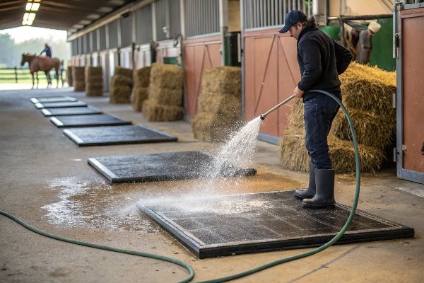 Pruebas de impermeabilidad de las esteras para establos de caballos