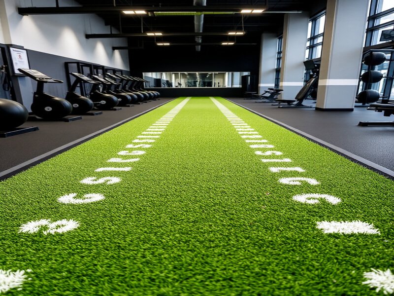A durable green artificial turf sled lane with white hash marks in a modern commercial gym.