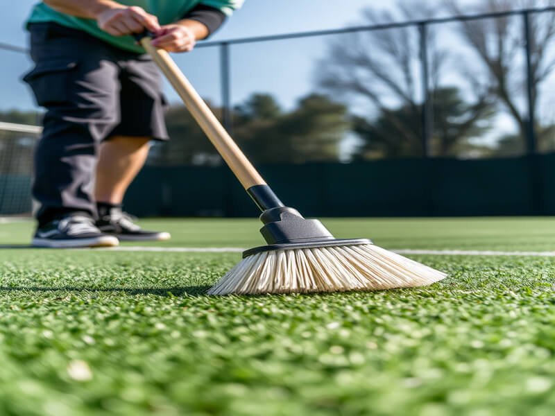 Eine Person, die eine synthetische Bürste für die regelmäßige Pflege des Kunstrasens verwendet