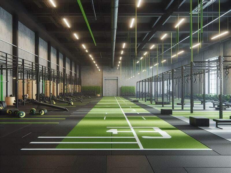A modern OCR gym with black rubber flooring and green gym turf lanes.