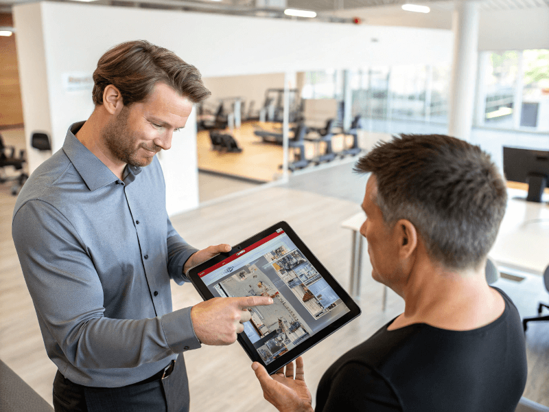 A salesperson showing a client a 3D gym layout on a tablet.