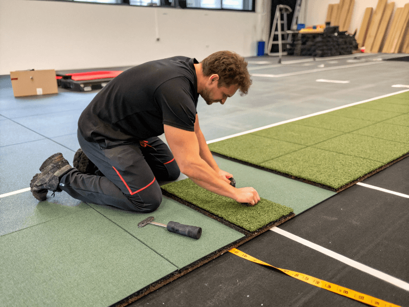 Applying adhesive and laying Shock Turf gym flooring
