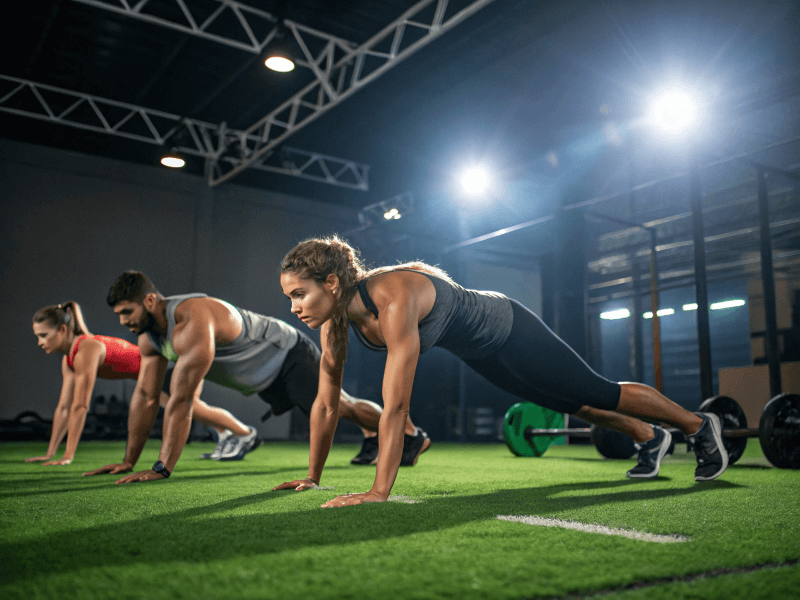 CrossFit athletes doing burpees on Shock Turf