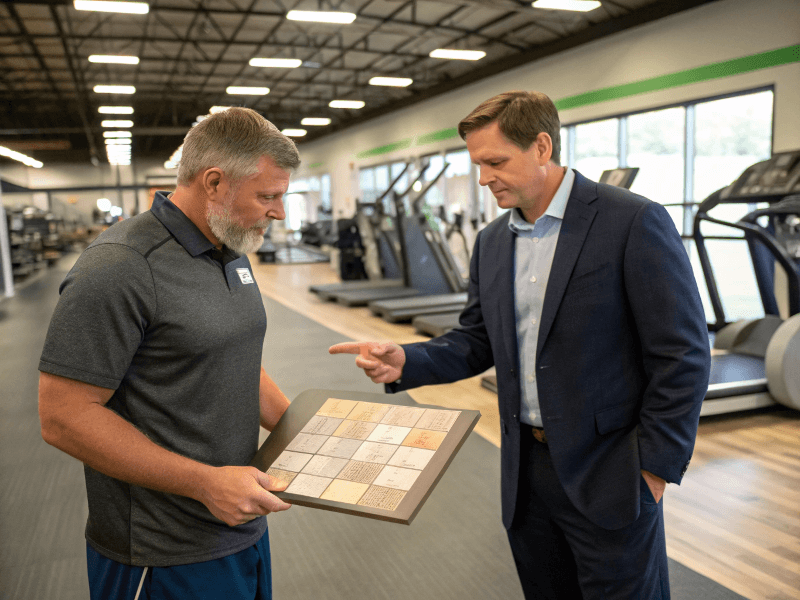 Distributor explaining flooring benefits to gym owner