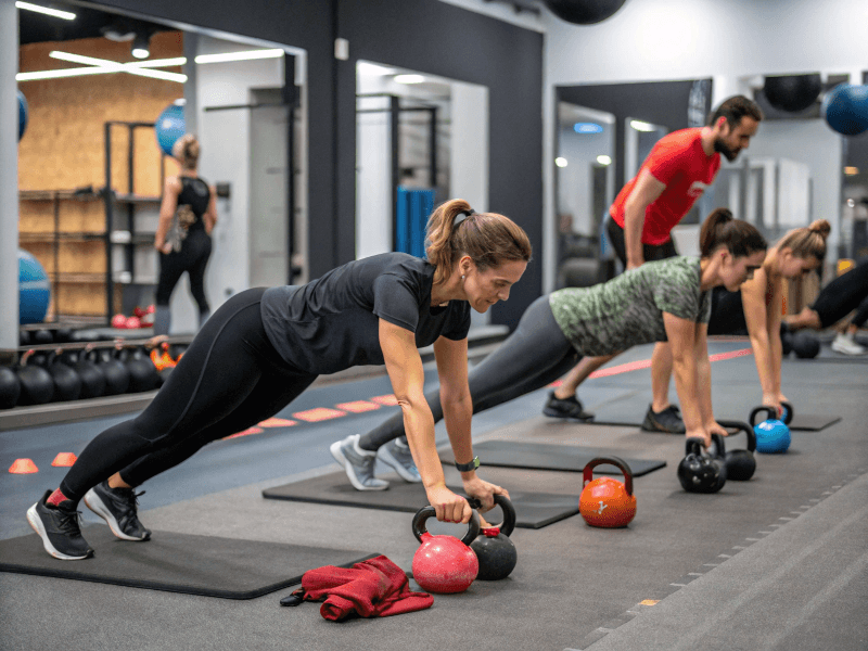 Members doing a group workout on a functional training floor
