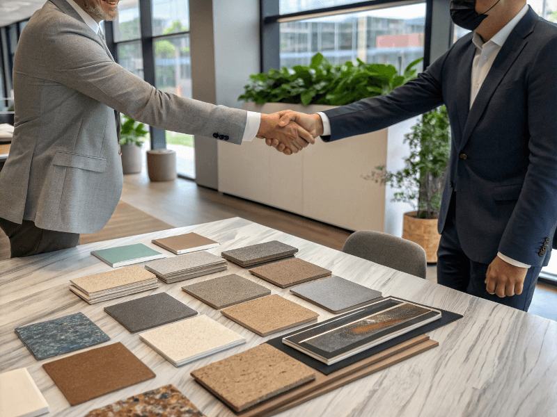 Two business people shaking hands over flooring samples