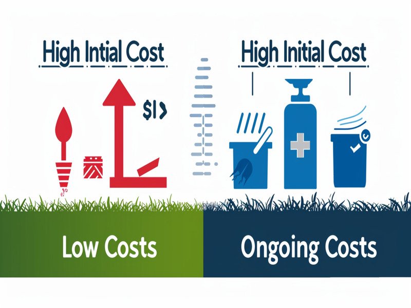 An infographic chart comparing the high initial cost of turf flooring to the significant long-term savings on water and maintenance