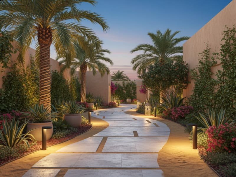 Split-Screen-Vergleich von Bodenbelagsmaterialien, einschließlich Travertinpflaster, Porzellanfliesen für den Außenbereich und Muster für Verbundbeläge