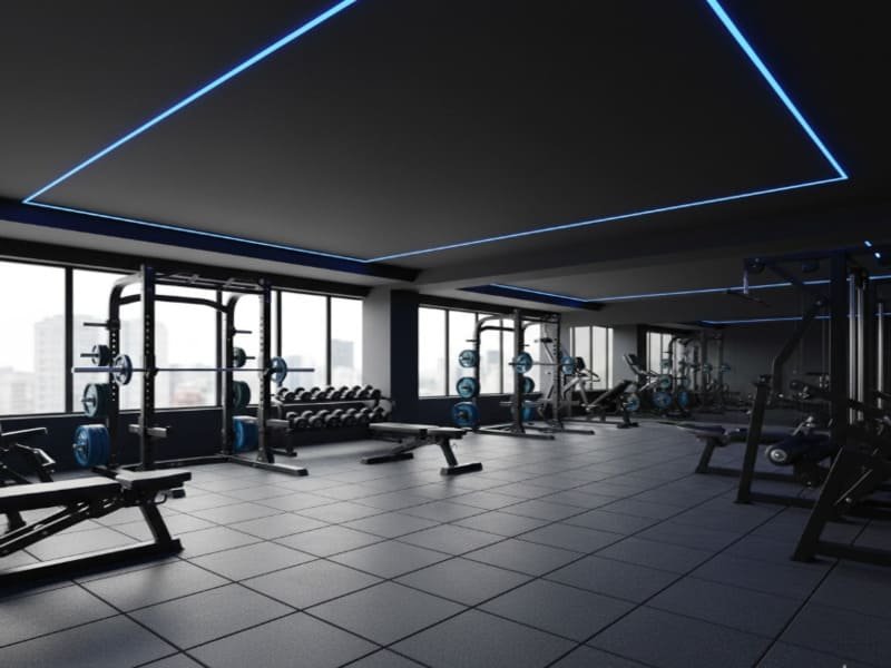 Querschnittsdarstellung eines geklebten Gummibodens mit flüssiger Feuchtigkeitssperre