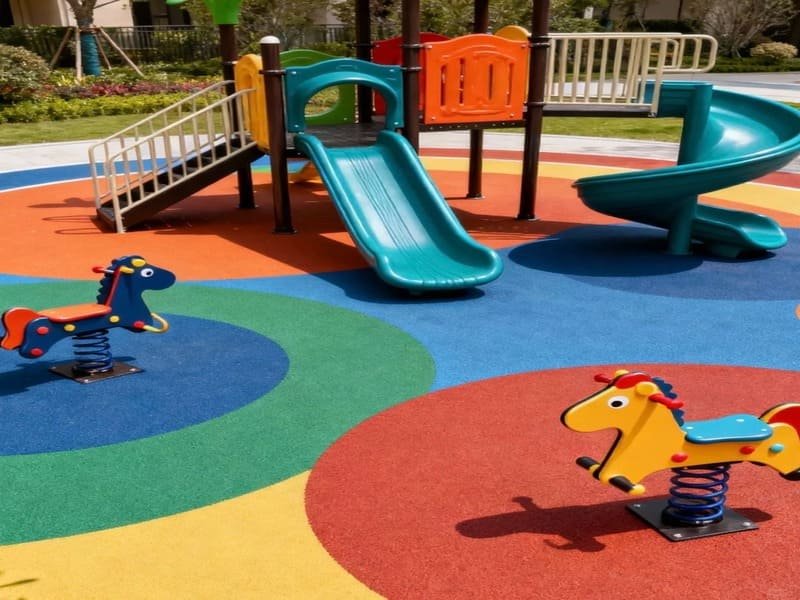 Split image comparing messy wood chips vs neat rubber tiles