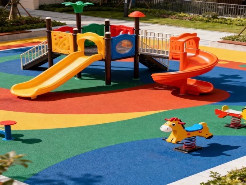 Engineer inspecting rubber playground tiles for density and thickness